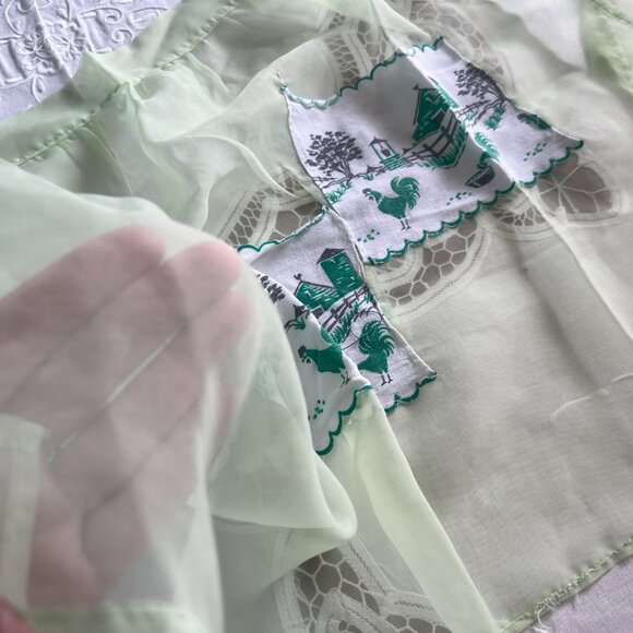 Vintage Green Chiffon Half Apron Pockets Chicken Rooster Farm Scene Retro Kitche - Picture 5 of 9
